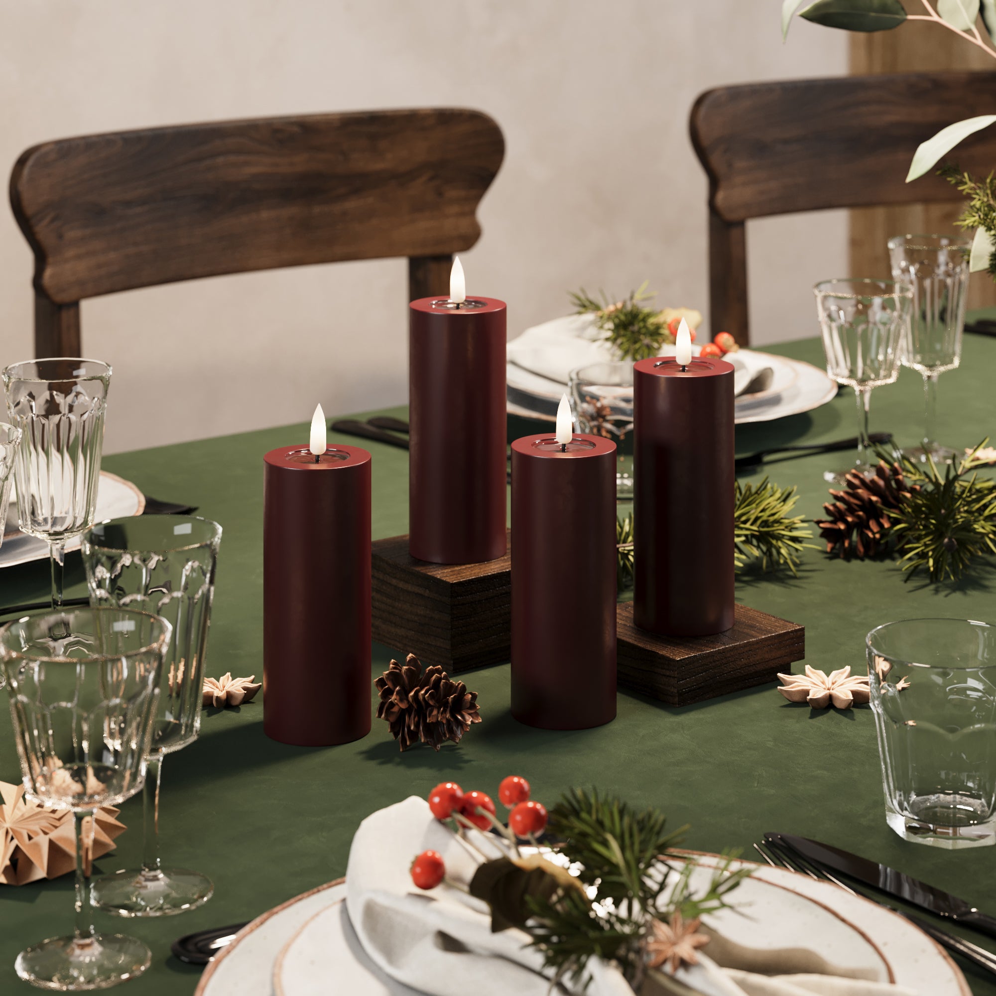 LED Blockljus Ø 5 x 12,5 cm Bourgogne - 4 st