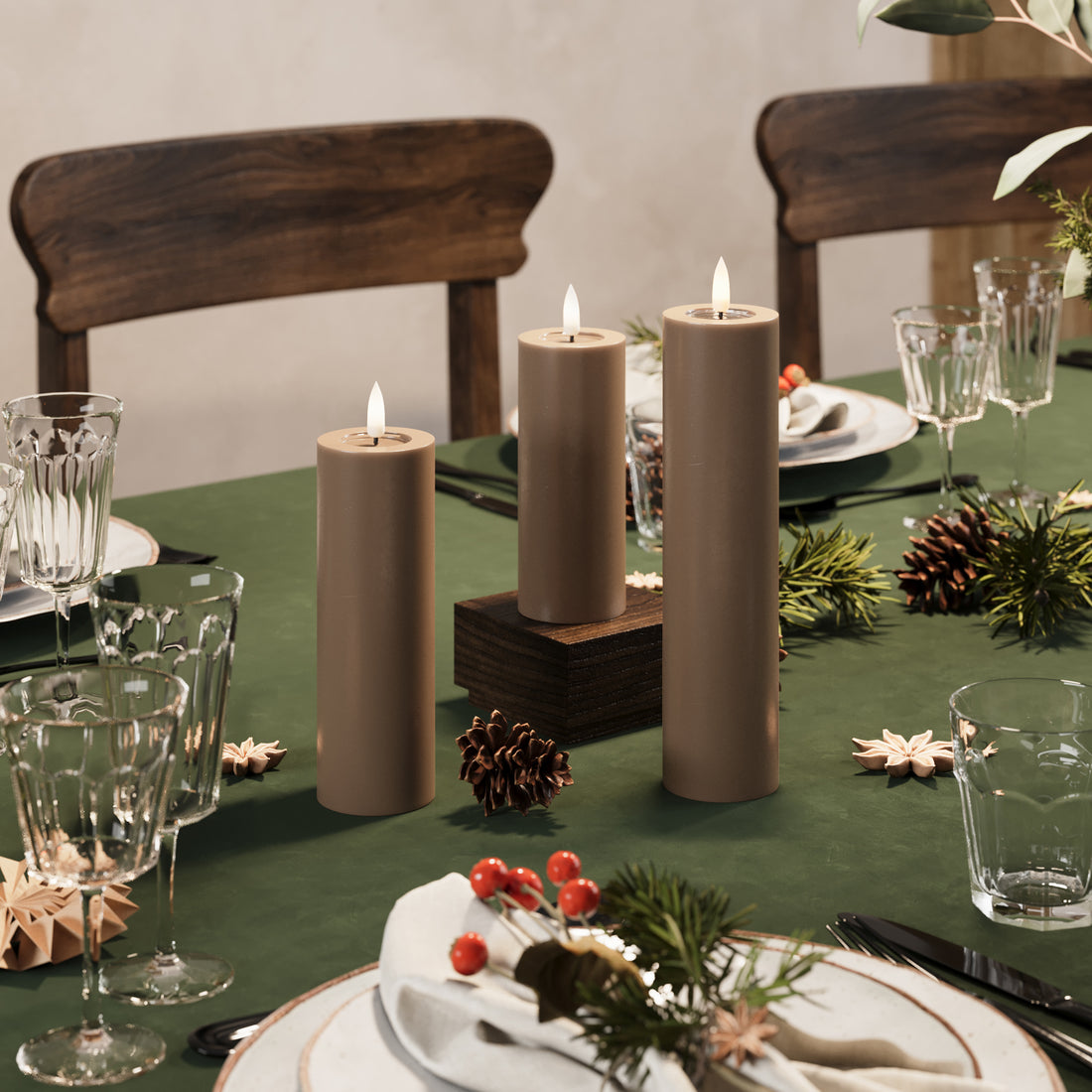 LED Blockljus - Ø 5 x 12,5 + 15 + 20 cm Karamell