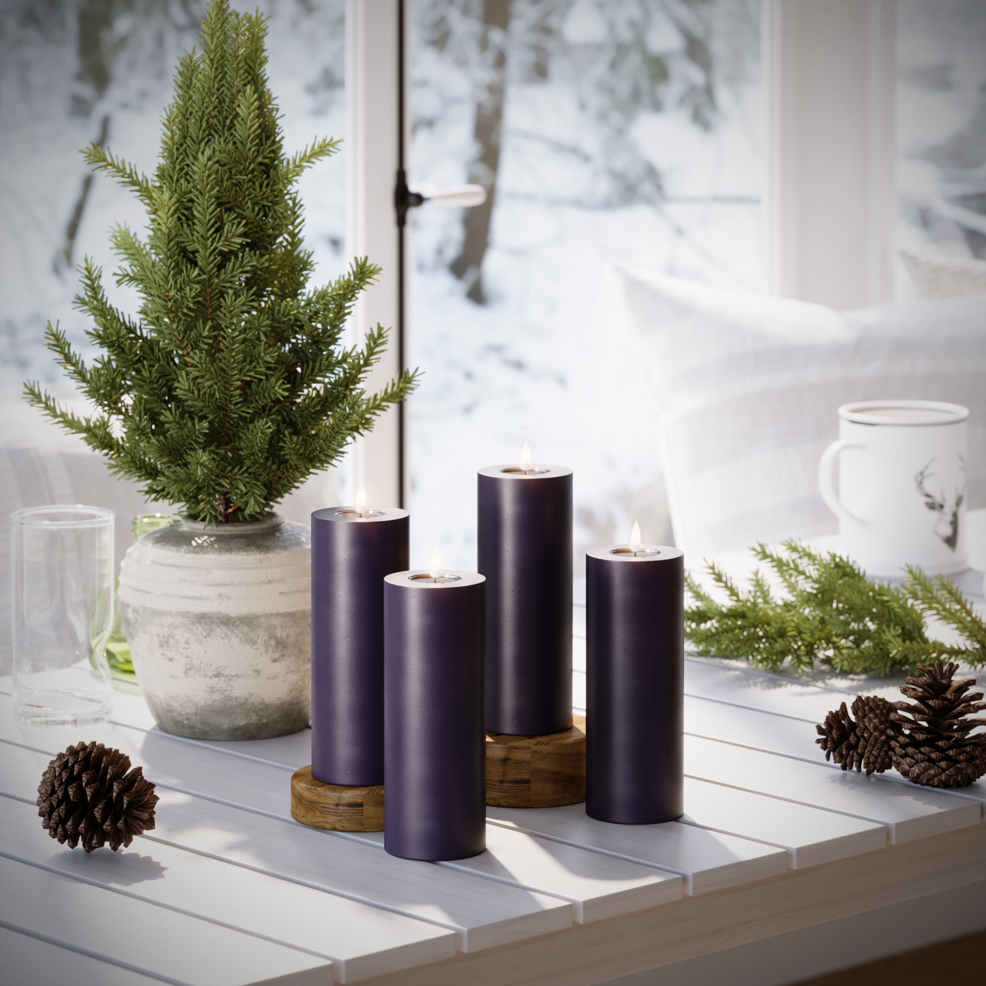 LED Blockljus Ø 7,5 x 20 cm Mörklila - 4 st