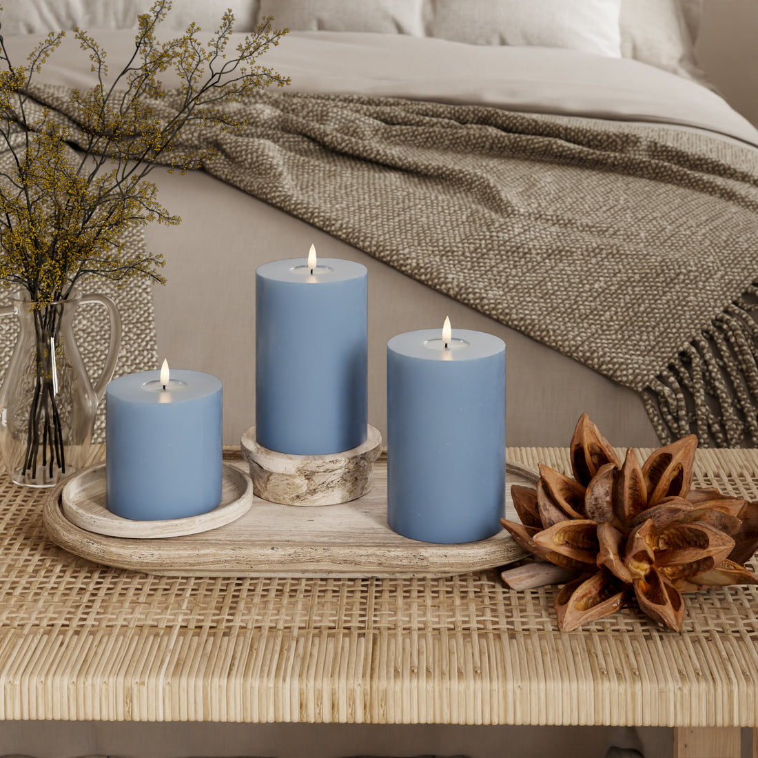 LED Blockljus Ø 10 x 10 + 15 + 20 cm Isblå