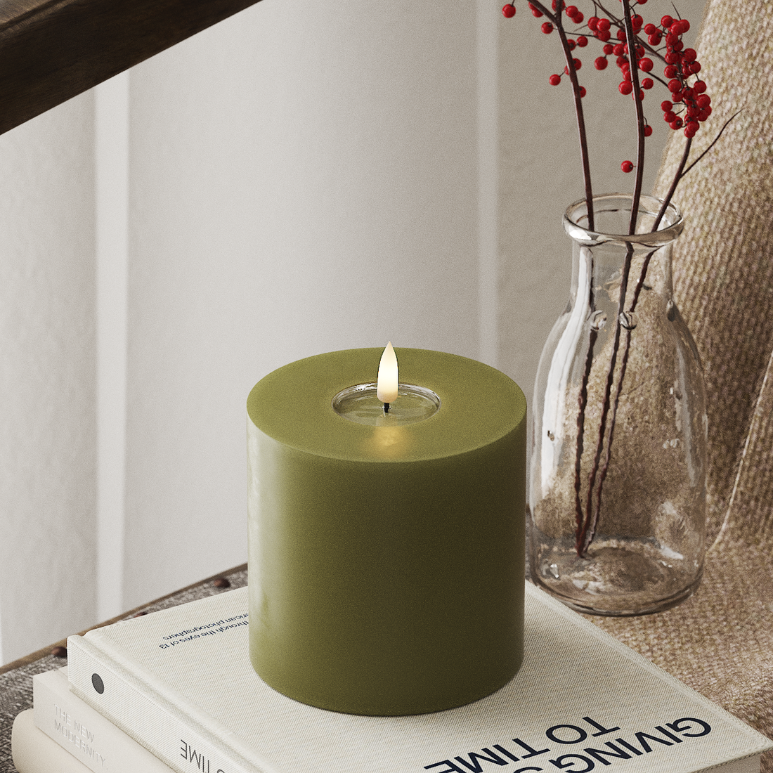 Deluxe Homeart LED Bloklys Ø 10 x 10 cm Olivengrøn LED bloklys 4