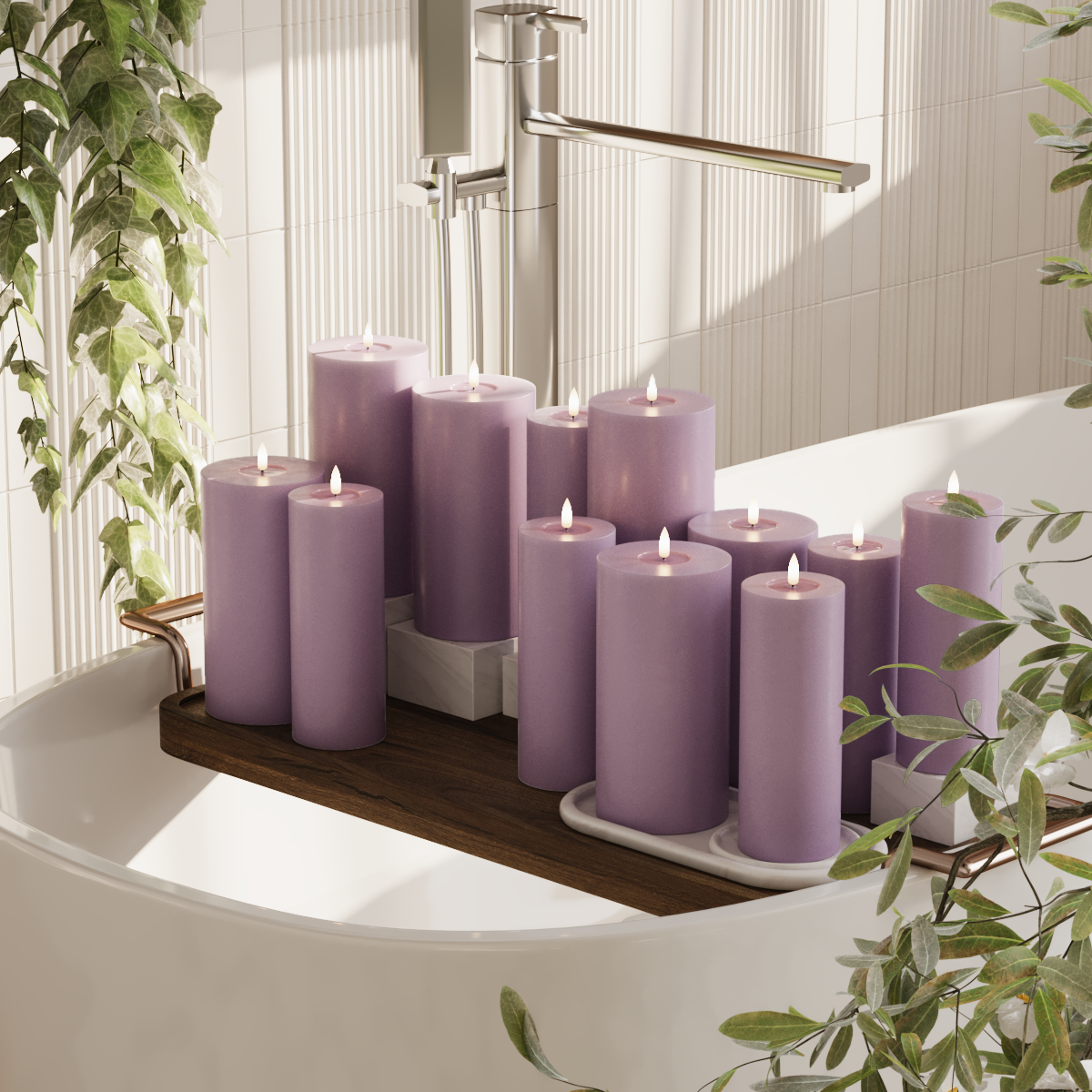 Deluxe Homeart LED blokklyspakke - Lys lilla - 6 x 7,5 x 20 | 6 x 10 x 20 cm pakke 2